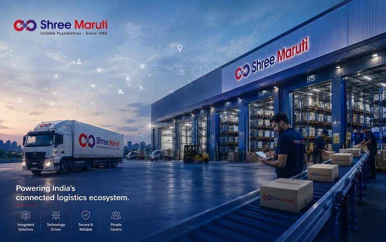 Shree Maruti fulfillment center — a delivery truck, automated conveyor sorting, and warehouse staff at work
